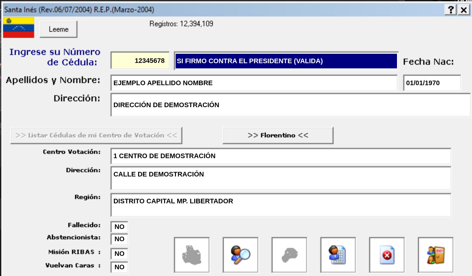 Demo screenshot of the Maisanta Program interface, showing an example (fictitious) query
