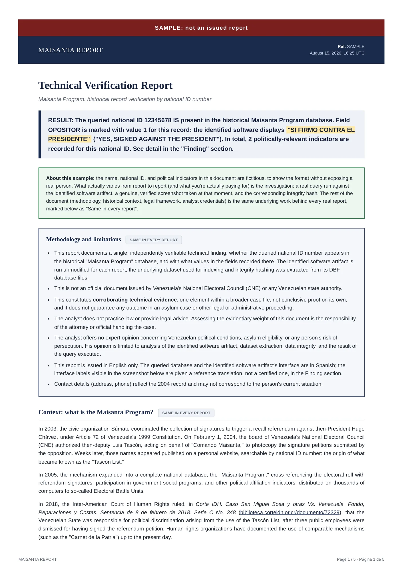First page of a sample Maisanta Report, with fictitious data